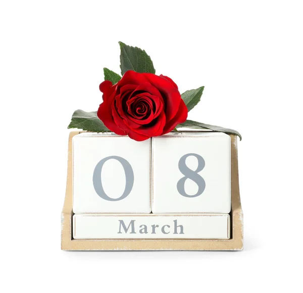 Деревянный Календарь Датой Марта Розы Белом Фоне Международный Женский День — стоковое фото