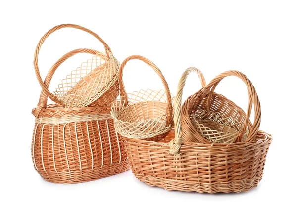 Many Decorative Wicker Baskets White Background — Stock Photo, Image