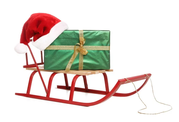 Sleigh Green Gift Box Santa Hat Isolated White — Stock Photo, Image