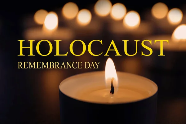 Dia Internacional Memória Holocausto Vela Ardente Mesa Escuridão Close — Fotografia de Stock