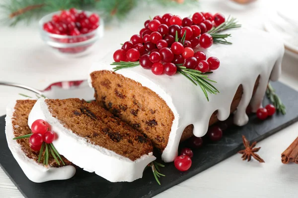 Traditional Christmas Cake White Wooden Table Closeup Classic Recipe — Stock Photo, Image