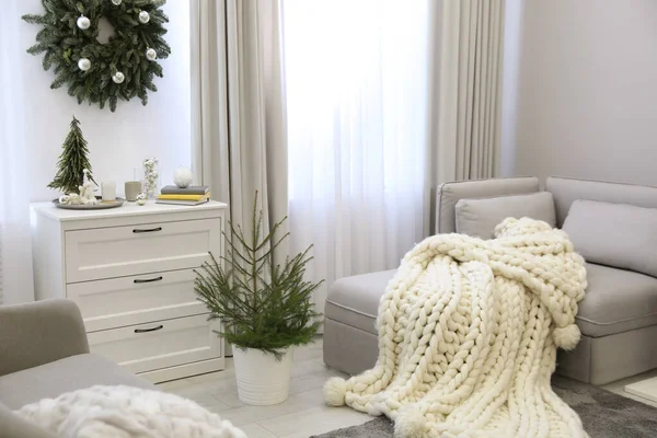 Küçük Köknar Ağaçları Noel Süslemeleri Olan Şık Bir Oturma Odası — Stok fotoğraf