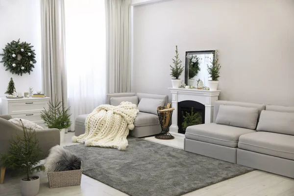 Stilvolles Wohnzimmer Interieur Mit Kleinen Tannenbäumen Und Weihnachtsdekoration — Stockfoto