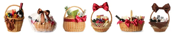 Set Wicker Baskets Full Different Gifts White Background Banner Design — Stock Photo, Image