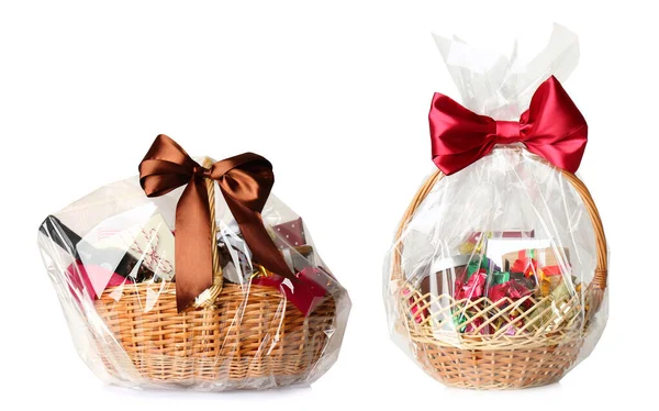 Wicker Baskets Full Different Gifts White Background — Stock Photo, Image