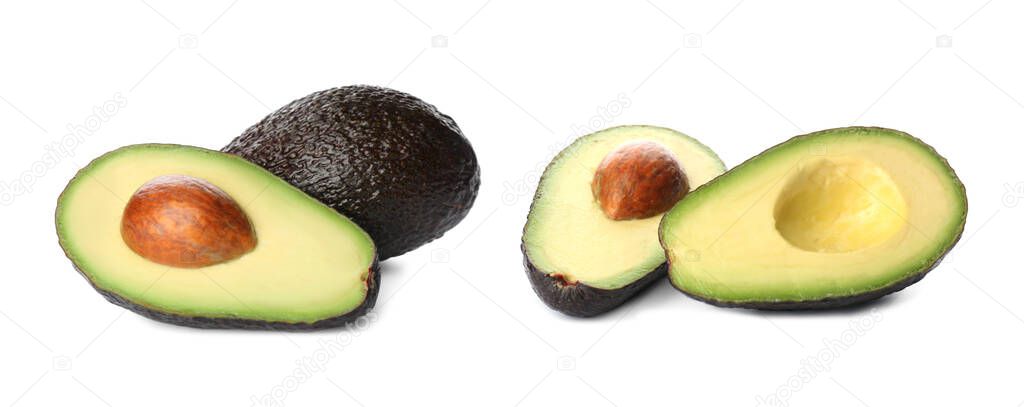 Delicious ripe avocados on white background. Banner design