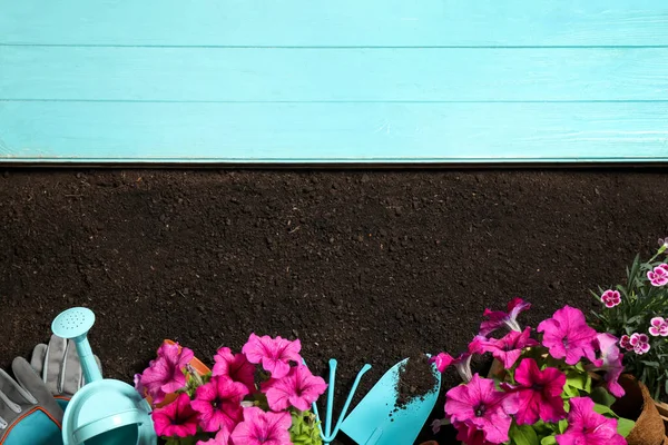 Composição Colocação Plana Com Equipamento Jardinagem Flores Solo Espaço Para — Fotografia de Stock