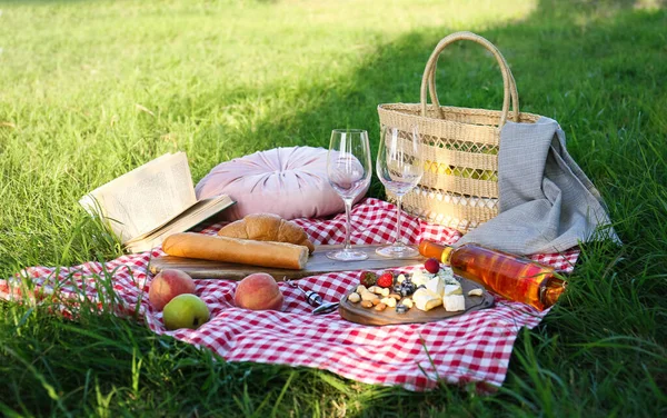 Пікнік Смачною Їжею Вином Зеленій Траві Парку — стокове фото