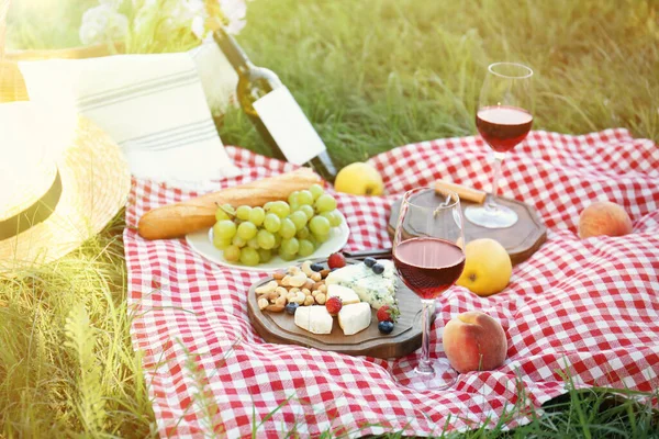 Picknickdeken Met Heerlijk Eten Wijn Groen Gras Park — Stockfoto