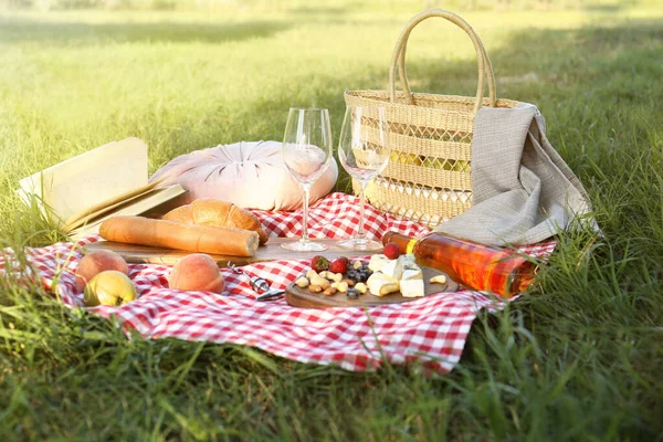 Koc Piknikowy Pysznym Jedzeniem Winem Zielonej Trawie Parku — Zdjęcie stockowe