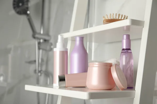 Different Hair Care Products Brush Shelving Unit Bathroom — Stock Photo, Image