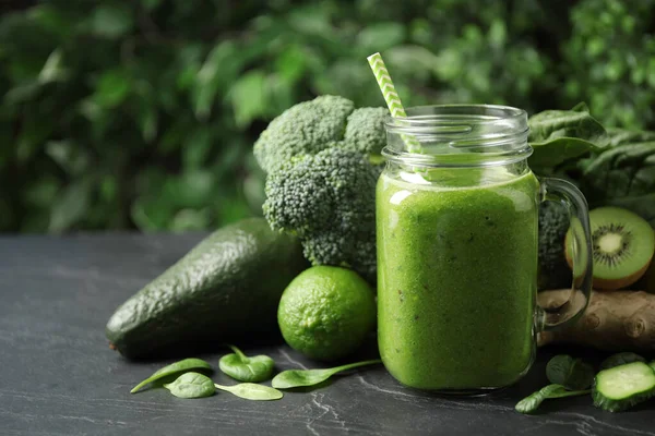 Delicious Green Juice Fresh Ingredients Black Table Space Text — Stock Photo, Image