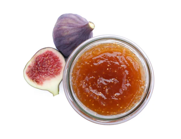 Homemade Delicious Fig Jam Fresh Fruits White Background Top View — Stock Photo, Image