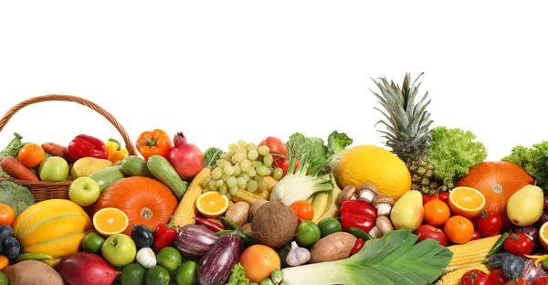 Surtido Frutas Verduras Orgánicas Frescas Sobre Fondo Blanco Diseño Banner —  Fotos de Stock