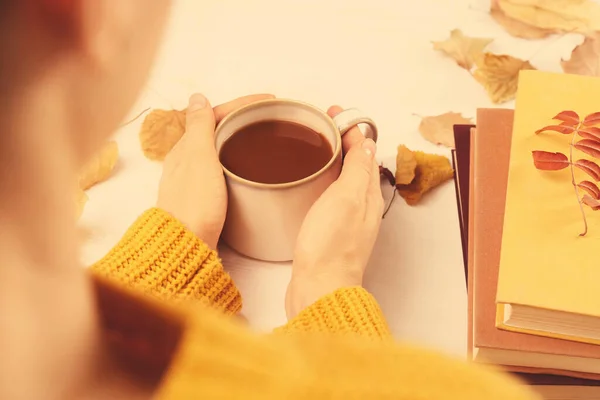 Woman Cup Hot Drink White Wooden Table Closeup Cozy Autumn — Stock Photo, Image