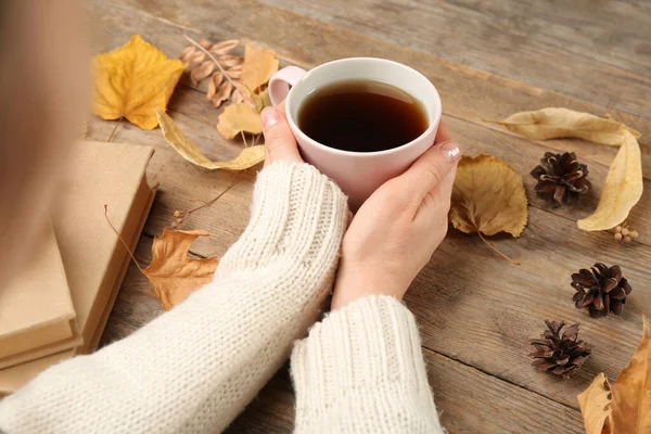 Woman Cup Hot Drink Wooden Table Closeup Cozy Autumn Atmosphere — Stock Photo, Image