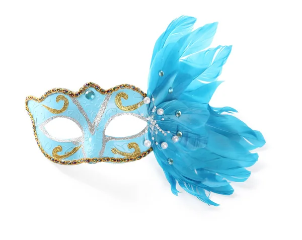 Beautiful Light Blue Carnival Mask Feathers Isolated White Top View — Stock Photo, Image