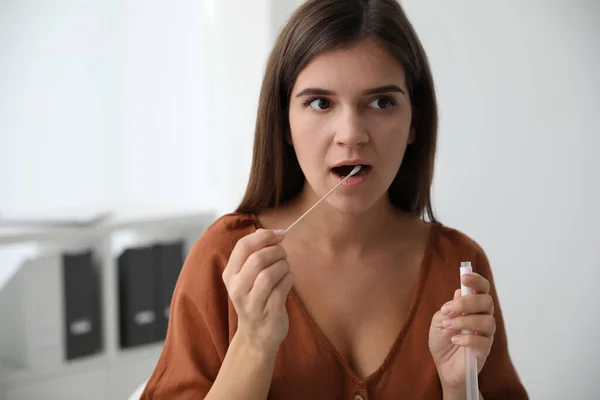Woman Taking Sample Dna Test Indoors — Stock Photo, Image