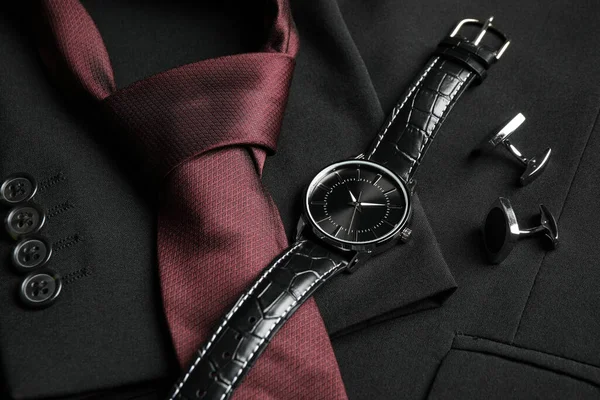 Luxury Wrist Watch Tie Cufflinks Black Jacket Closeup — Stock Photo, Image