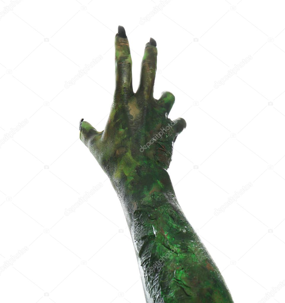 Scary monster on white background, closeup of hand. Halloween character