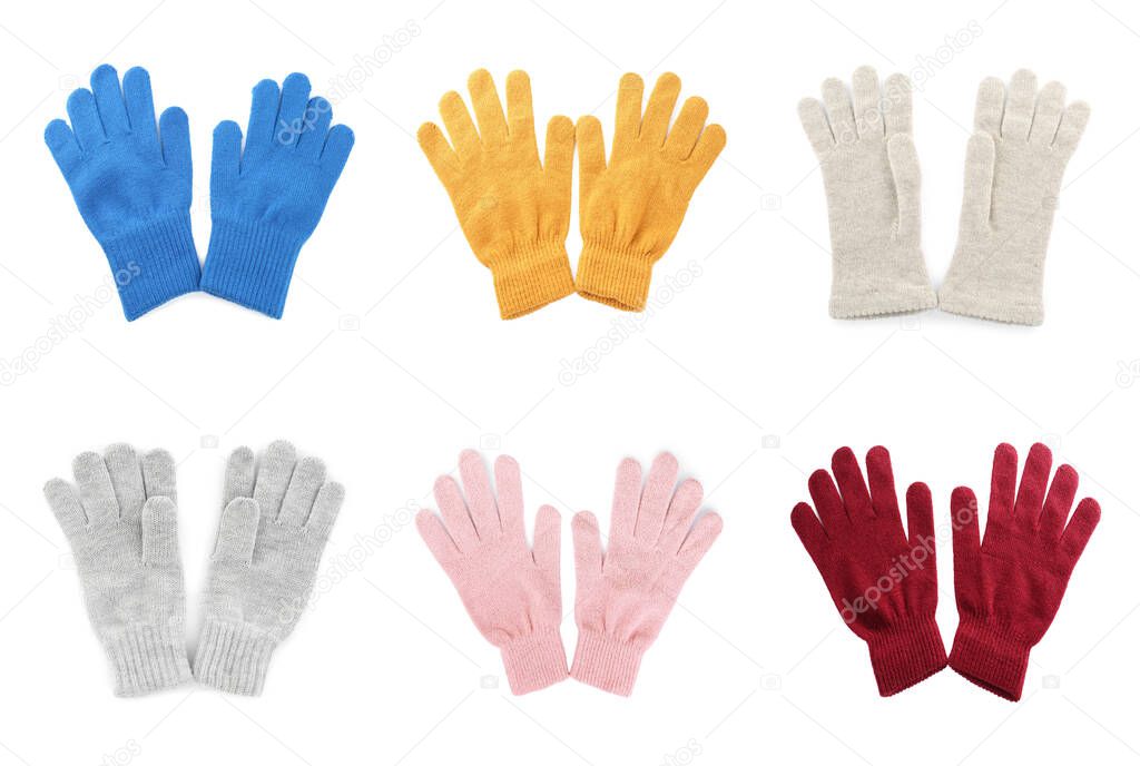 Set of woolen gloves on white background, top view