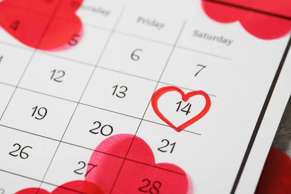 Calendario Con San Valentino Segnato Cuori Primo Piano — Foto Stock