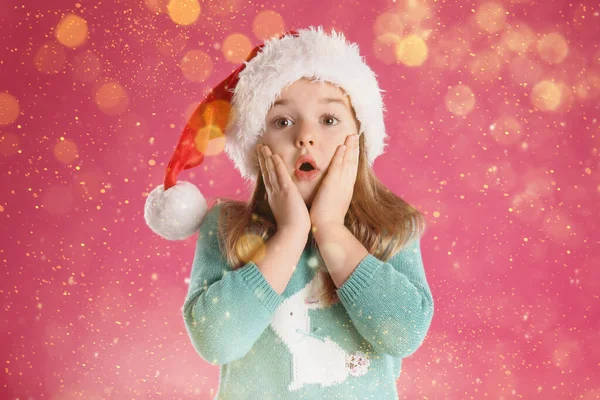 Cute Child Santa Hat Pink Background Christmas Celebration — Stock Photo, Image
