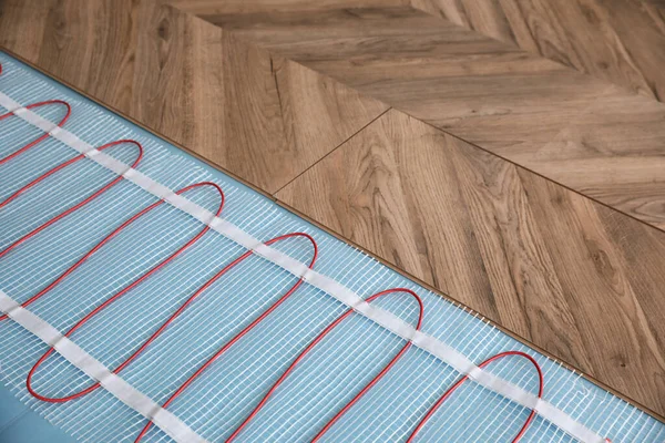 Installation Modern Underfloor Trace Heating System Indoors — Stock Photo, Image