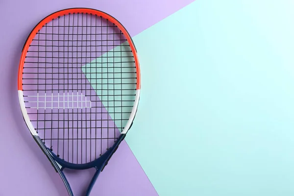 Tennisracket Kleur Achtergrond Bovenaanzicht Ruimte Voor Tekst — Stockfoto