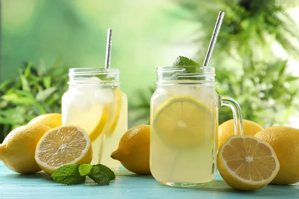 Natural Lemonade Mint Light Blue Wooden Table Summer Refreshing Drink — Stock Photo, Image
