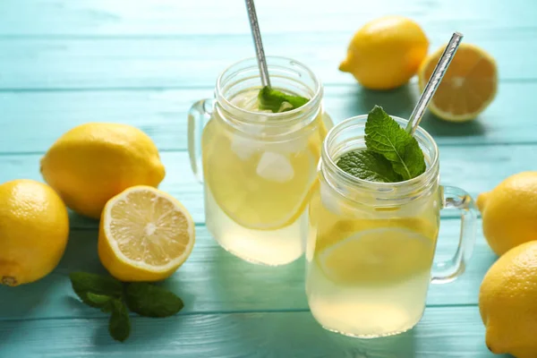 Natural Lemonade Mint Light Blue Wooden Table Summer Refreshing Drink — Stock Photo, Image