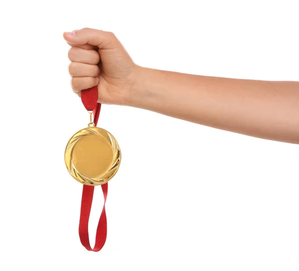 Woman Holding Gold Medal White Background Closeup — Stock Photo, Image