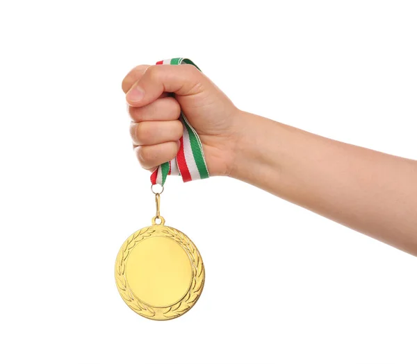 Vrouw Met Gouden Medaille Witte Achtergrond Close — Stockfoto