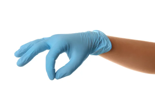 Osoba Niebieskich Rękawiczkach Lateksowych Trzymająca Coś Białym Tle Zbliżenie Rękę — Zdjęcie stockowe