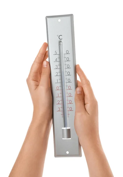 Vrouw Met Weer Thermometer Witte Achtergrond Close — Stockfoto