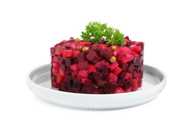 Beyaz üzerine izole edilmiş geleneksel Rus salata sirkesi tabağı.