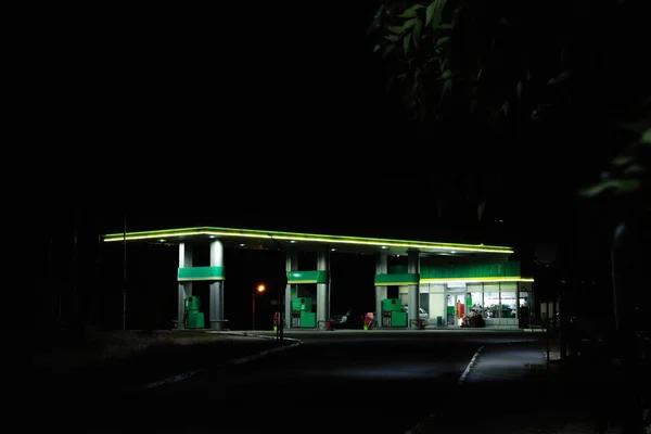 View Modern Gas Station Night Outdoors — Stock Photo, Image