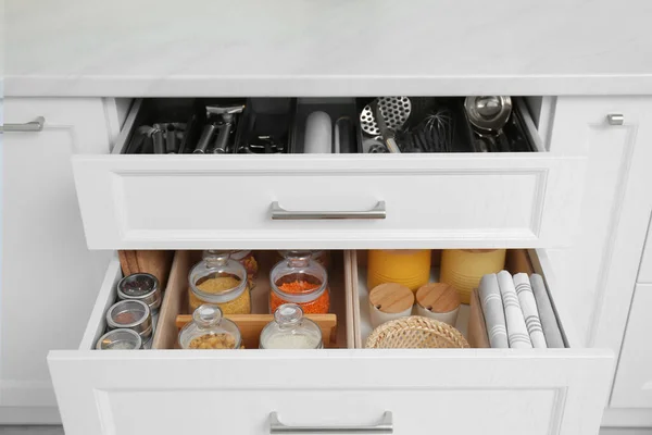 Open Drawers Jars Utensils Indoors Order Kitchen — Stock Photo, Image