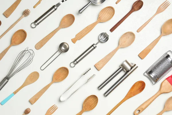 Set Cooking Utensils White Background Flat Lay — Stock Photo, Image