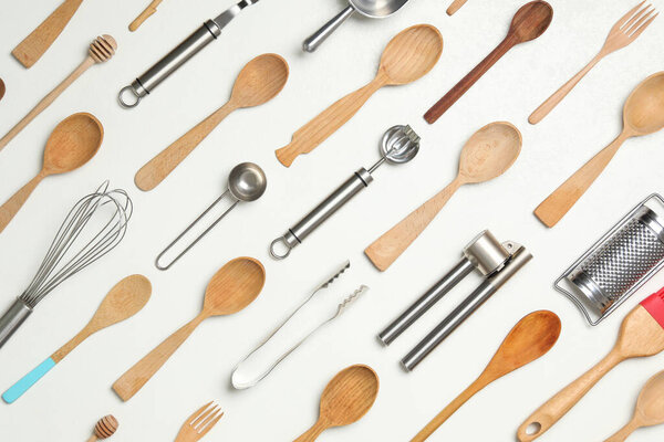 Set of cooking utensils on white background, flat lay