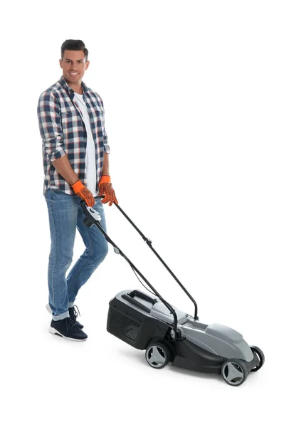 Man Modern Lawn Mower White Background — Stock Photo, Image