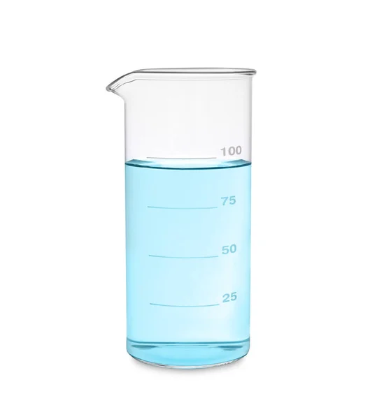 Beaker Com Líquido Azul Claro Isolado Branco — Fotografia de Stock