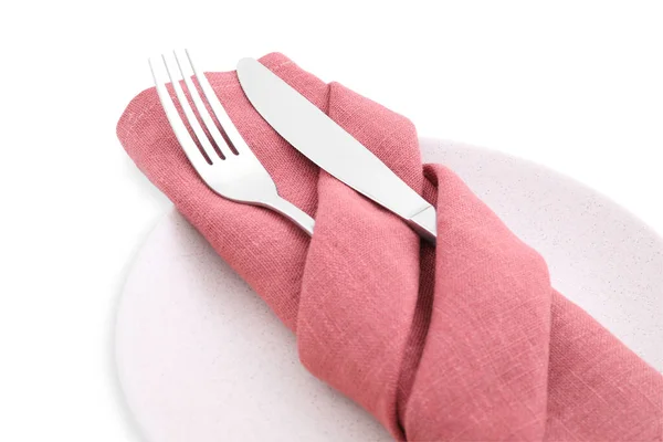 Plate Clean Cutlery Napkin Isolated White — Stock Photo, Image