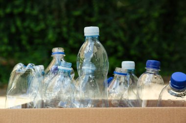 Açık havada kullanılmış plastik şişelerle dolu karton bir kutu. Geri dönüşüm kavramı