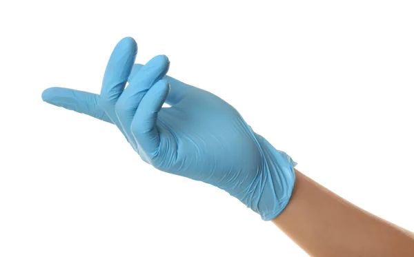 Persona Guantes Látex Azul Apuntando Algo Contra Fondo Blanco Primer — Foto de Stock