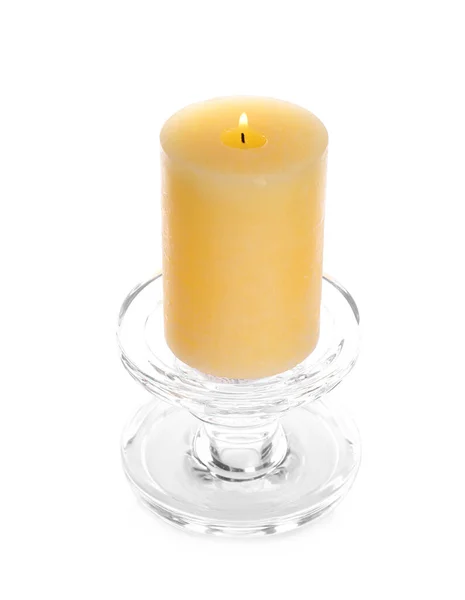 Burning Yellow Wax Candle Isolated White — Stock Photo, Image