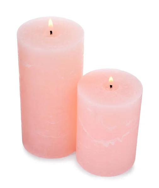 Спалювання Рожевих Воскових Свічок Білому Тлі — стокове фото