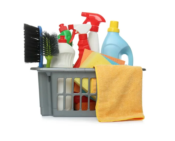 Basket Different Cleaning Products Tools White Background — Stock Photo, Image
