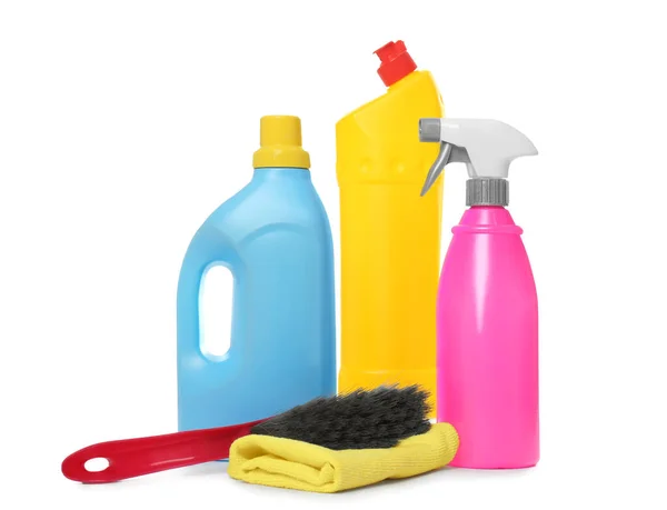 Different Cleaning Products Brush White Background — Stock Photo, Image