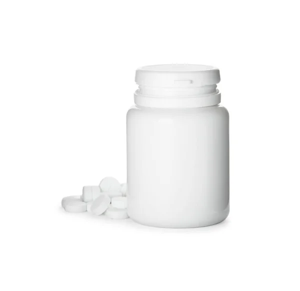 Garrafa Plástico Com Pílulas Fundo Branco — Fotografia de Stock